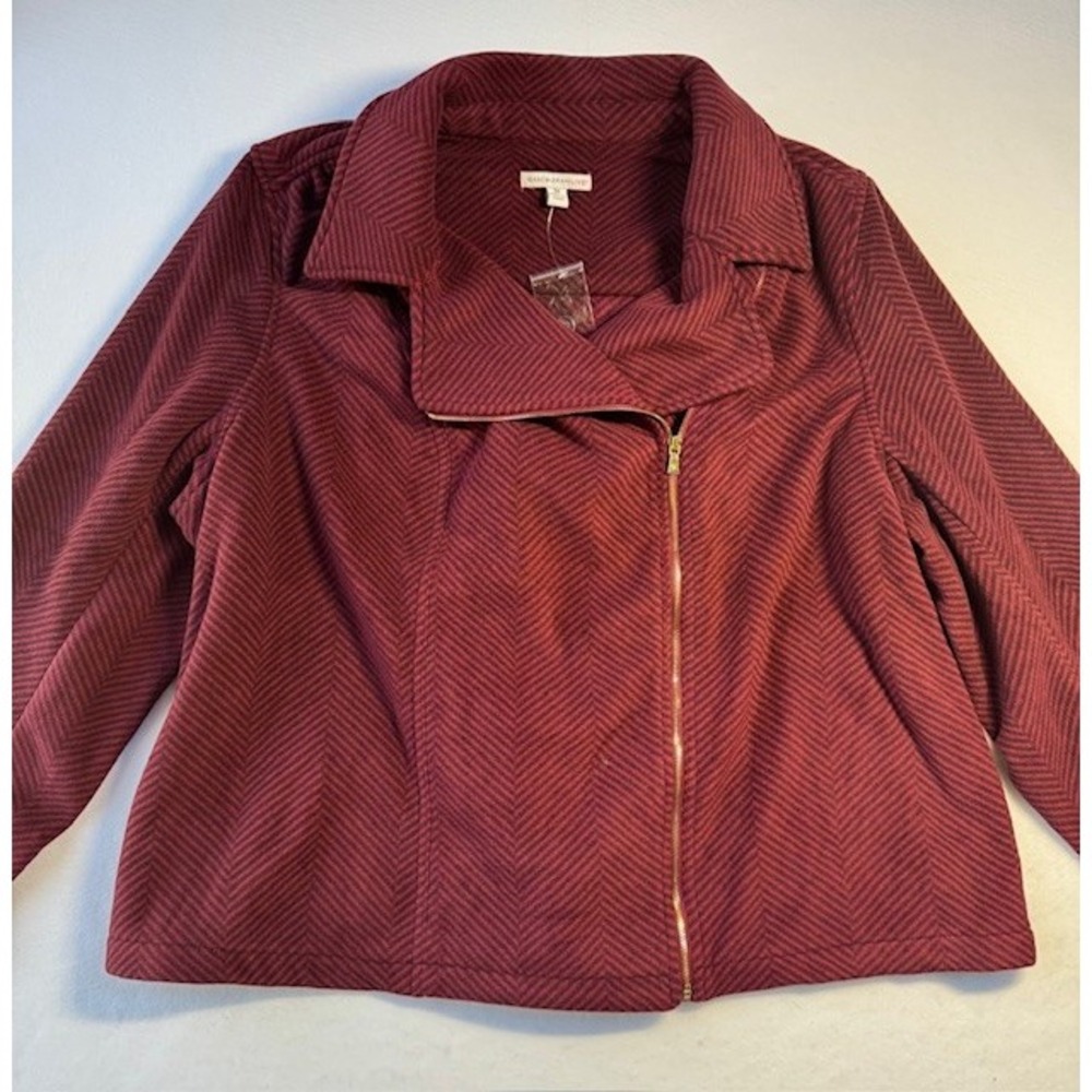 Isaac Mizrahi Live Full Zip Moto Fleece Jacket shirt 3X Burgundy Striped NWOT - Picture 11 of 14